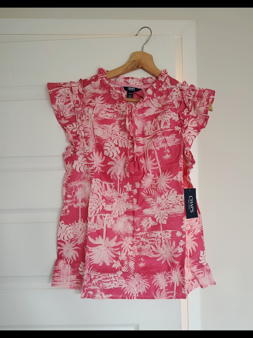 Chaps Pink Tropical Palm-Print Ruffle Sleeve Blouse